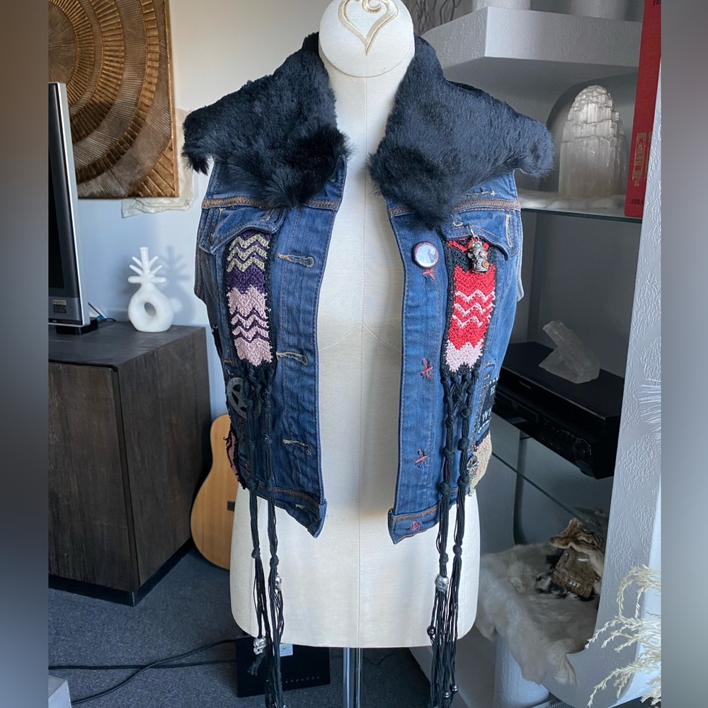 Custom Denim Fur Biker Patches Fringe Vest festival metal goth agatha blois NYC - Picture 16 of 16
